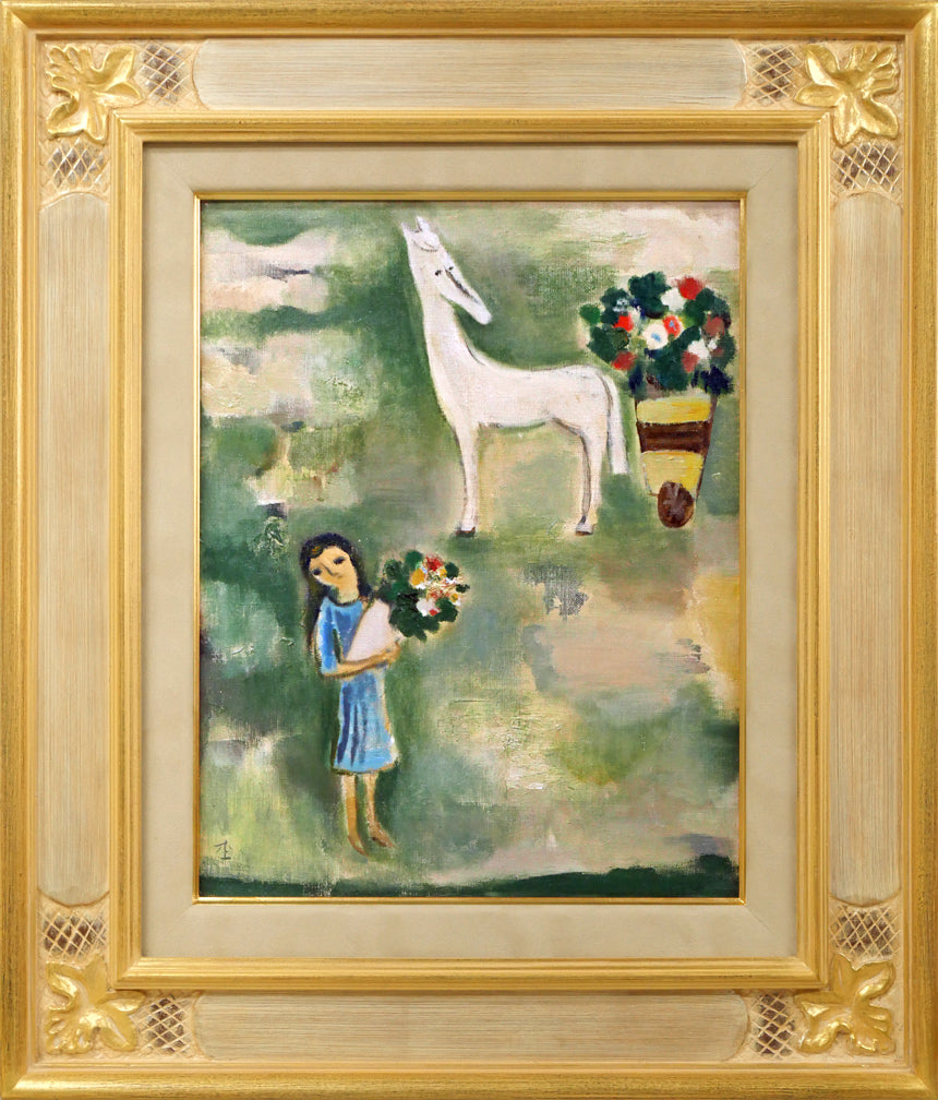 杢田たけを「花馬車と少女」油絵・F6号