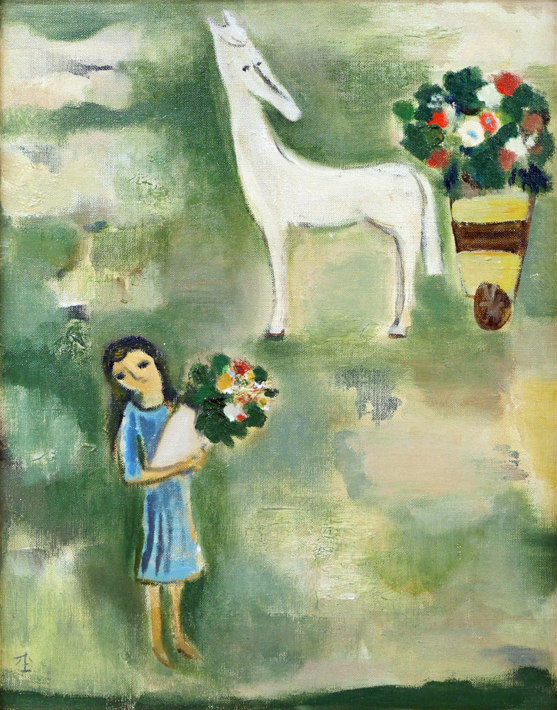 杢田たけを「花馬車と少女」油絵・F6号 作品全体画像