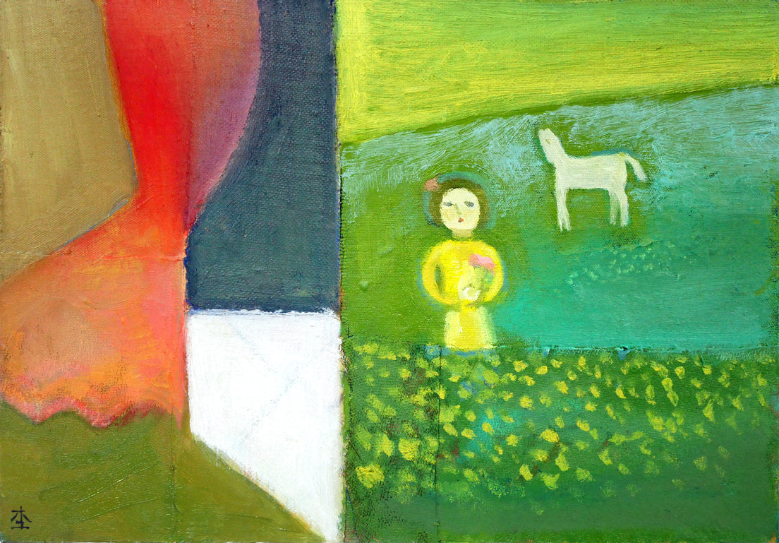 杢田たけを「少女のいる風景」油絵・P3号 作品全体拡大画像