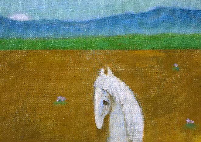 杢田たけを「少女と馬」油絵・F4号　拡大画像3