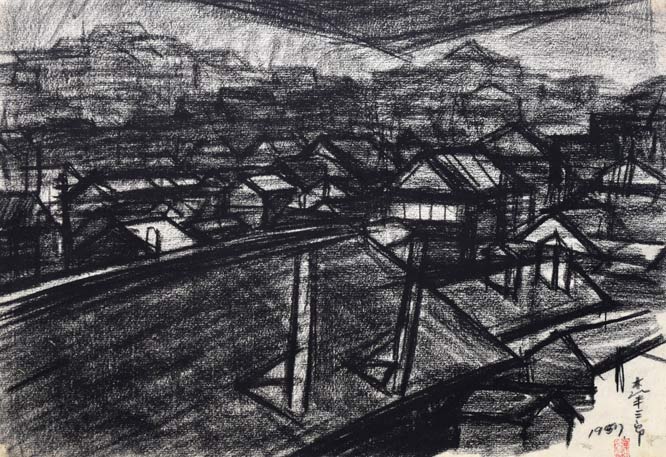 森本三郎「小樽風景」コンテ画・6号 作品全体拡大画像