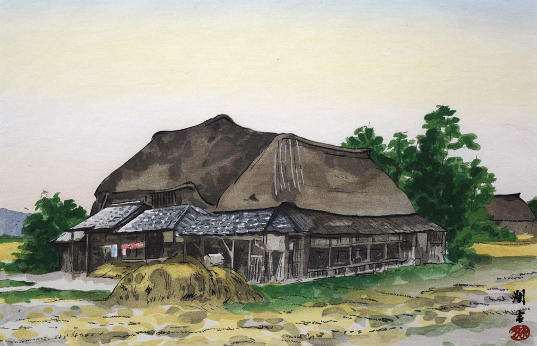 向井潤吉「麦秋(佐賀県6月)」木版画 作品全体拡大画像