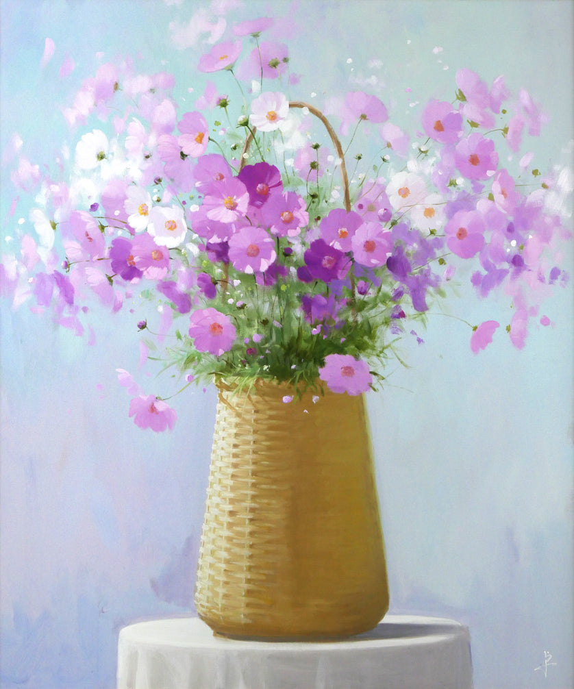 長岡卓「かごのコスモス」油絵・F20号 作品全体画像