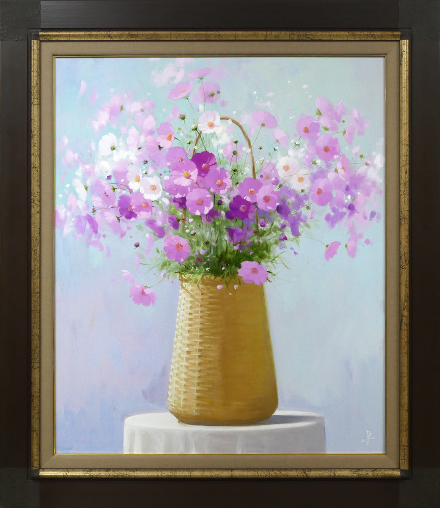 長岡卓「かごのコスモス」油絵・F20号