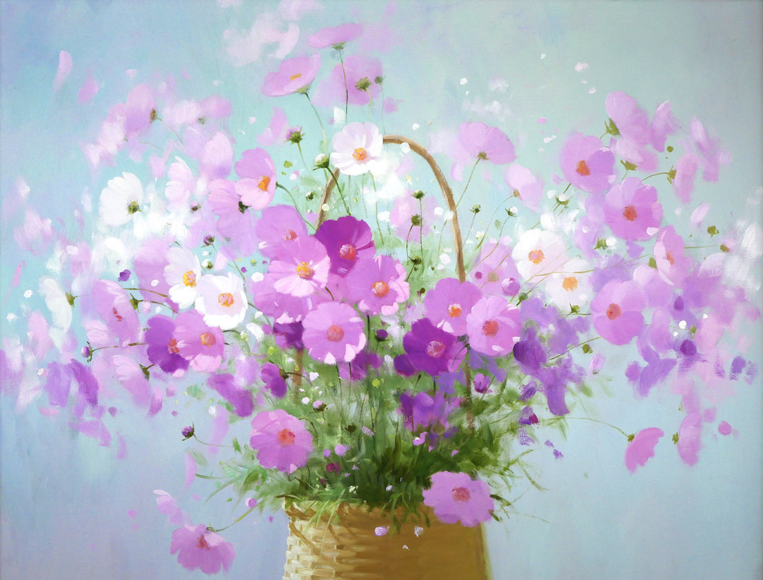 長岡卓「かごのコスモス」油絵・F20号 拡大画像1