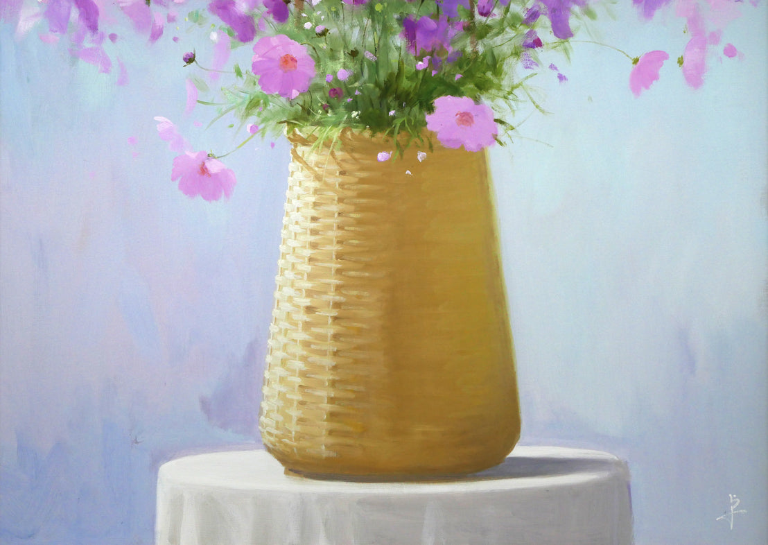 長岡卓「かごのコスモス」油絵・F20号 拡大画像4