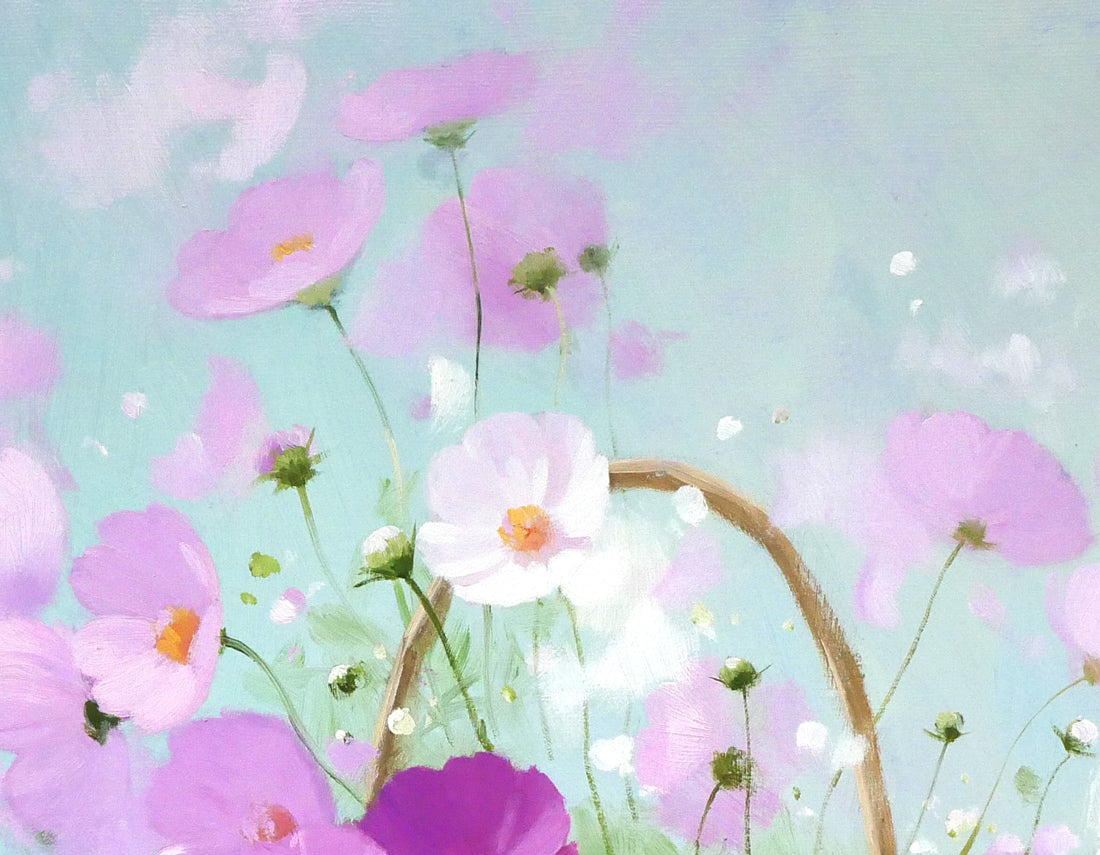 長岡卓「かごのコスモス」油絵・F20号 拡大画像2