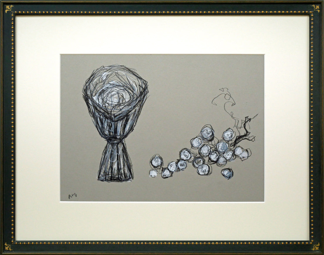 長崎晃子「ぶどうとグラス」パステル画・5号