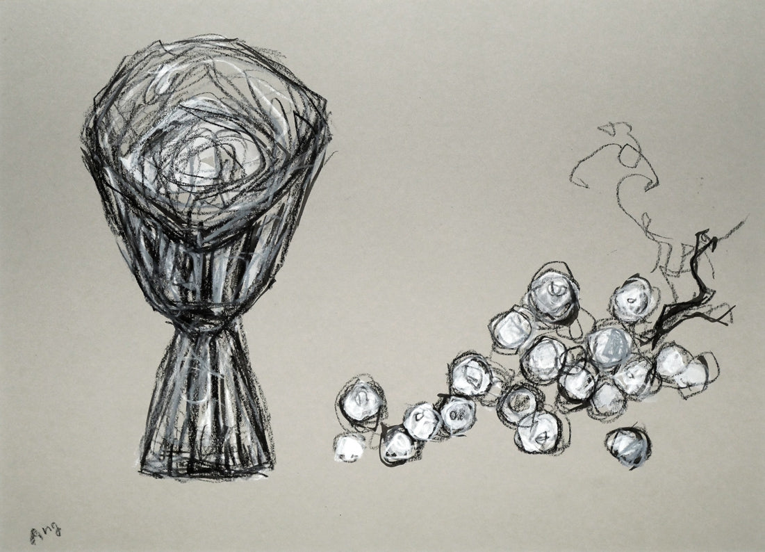 長崎晃子「ぶどうとグラス」パステル画・5号 作品全体画像