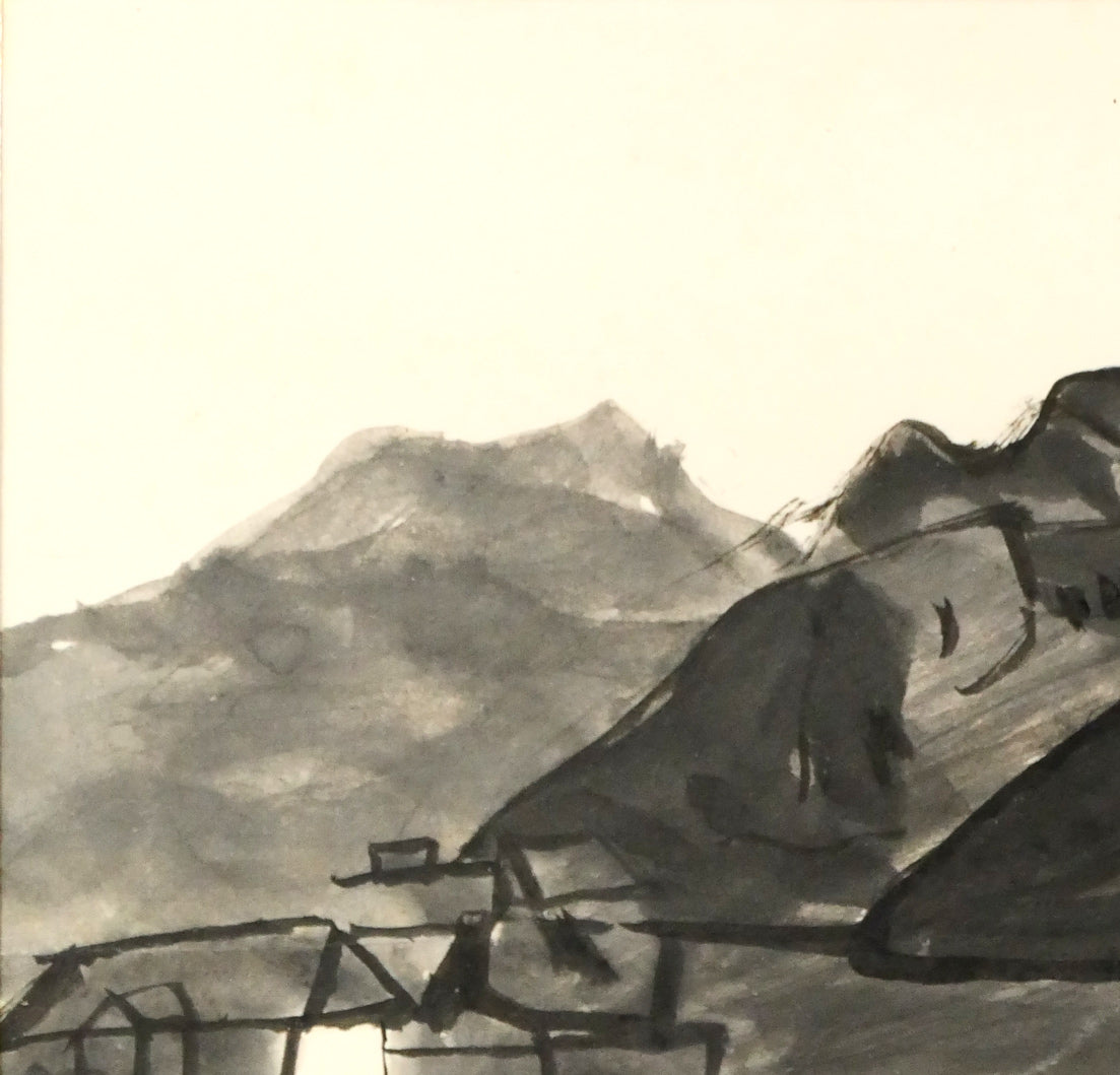 中川一政「港」水墨画(20.8×20cm) 拡大画像1
