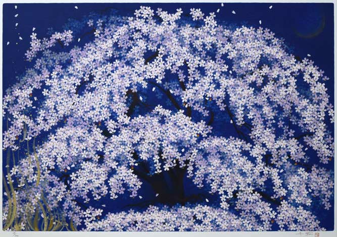 中島千波「春の宵 枝垂桜」シルクスクリーン版画 作品全体拡大画像