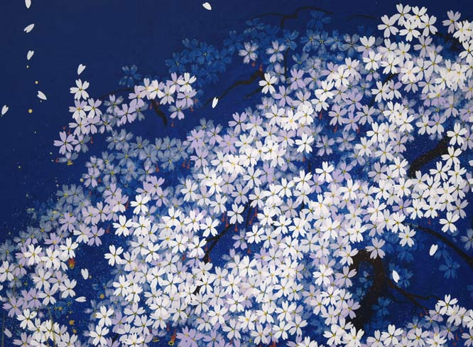 中島千波「春の宵 枝垂桜」シルクスクリーン版画 拡大画像1