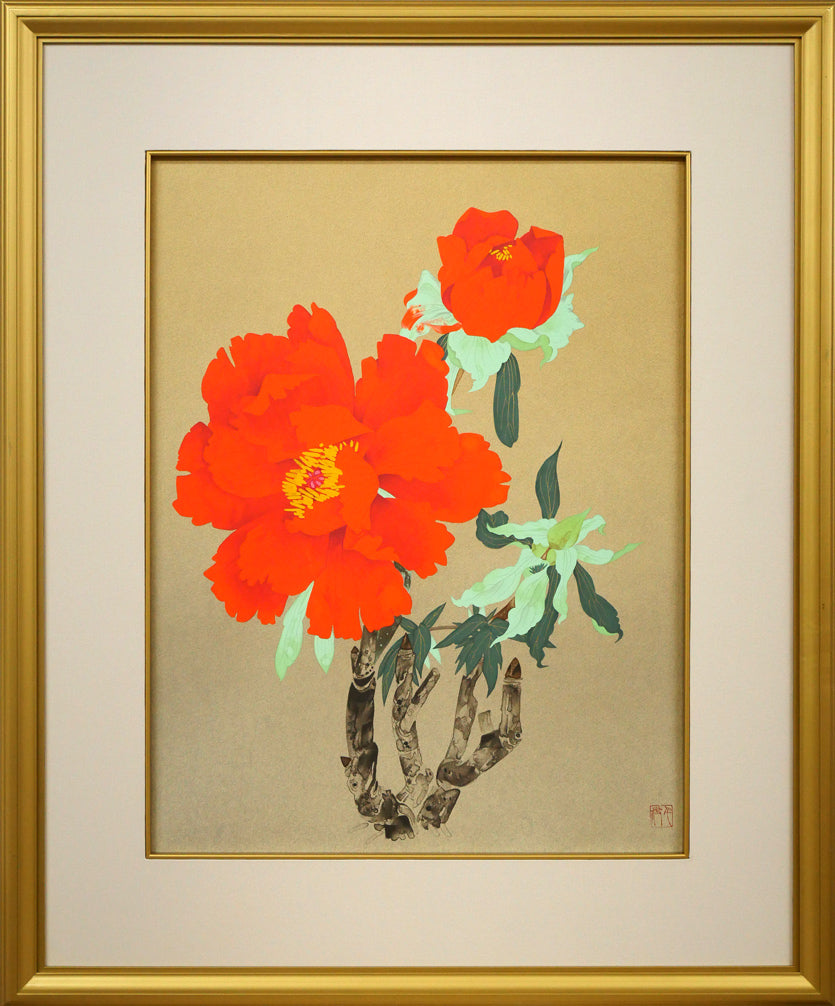 中島千波「寒緋牡丹」リトグラフ