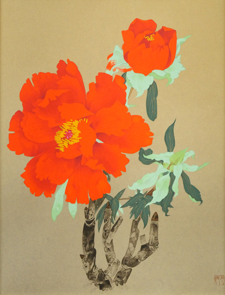 中島千波「寒緋牡丹」リトグラフ 作品全体画像