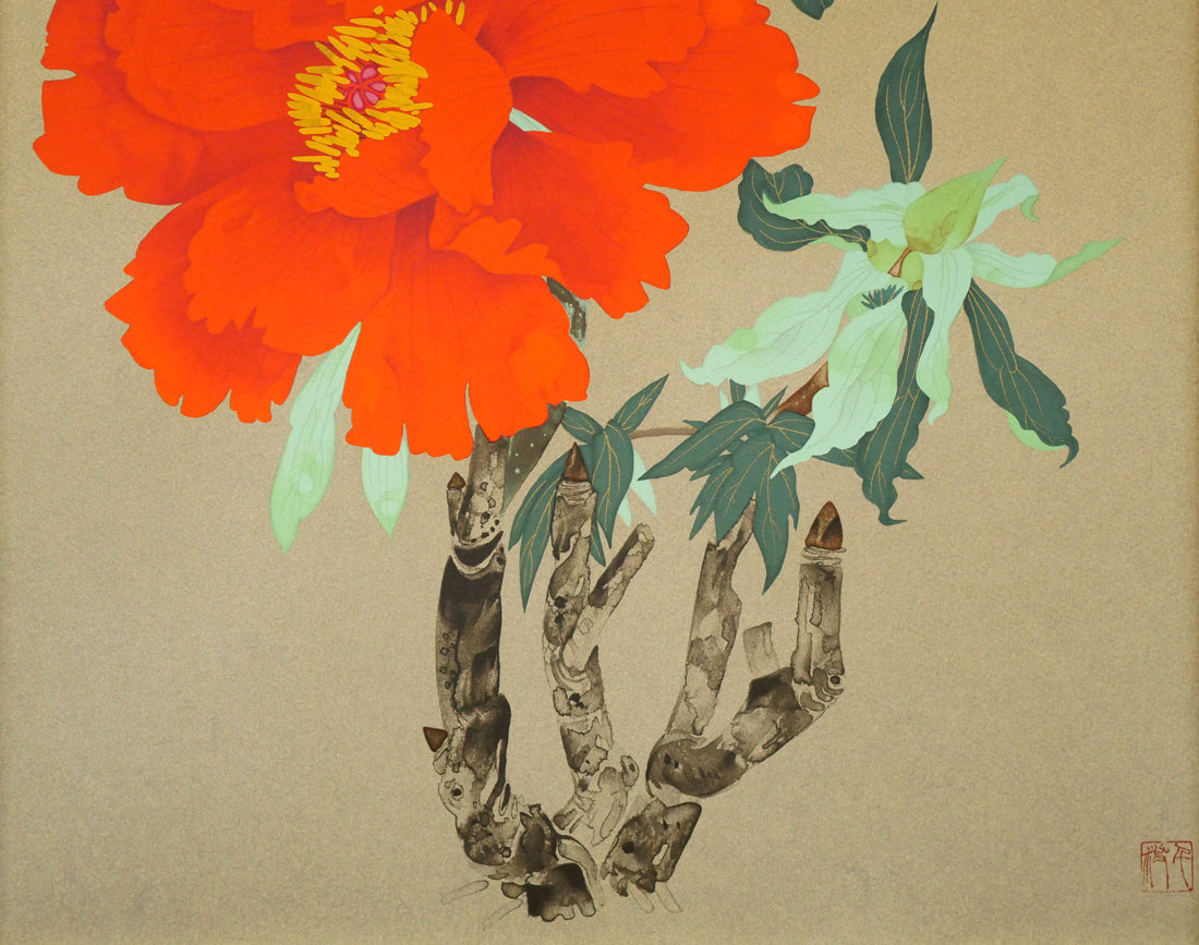 中島千波「寒緋牡丹」リトグラフ 拡大画像2