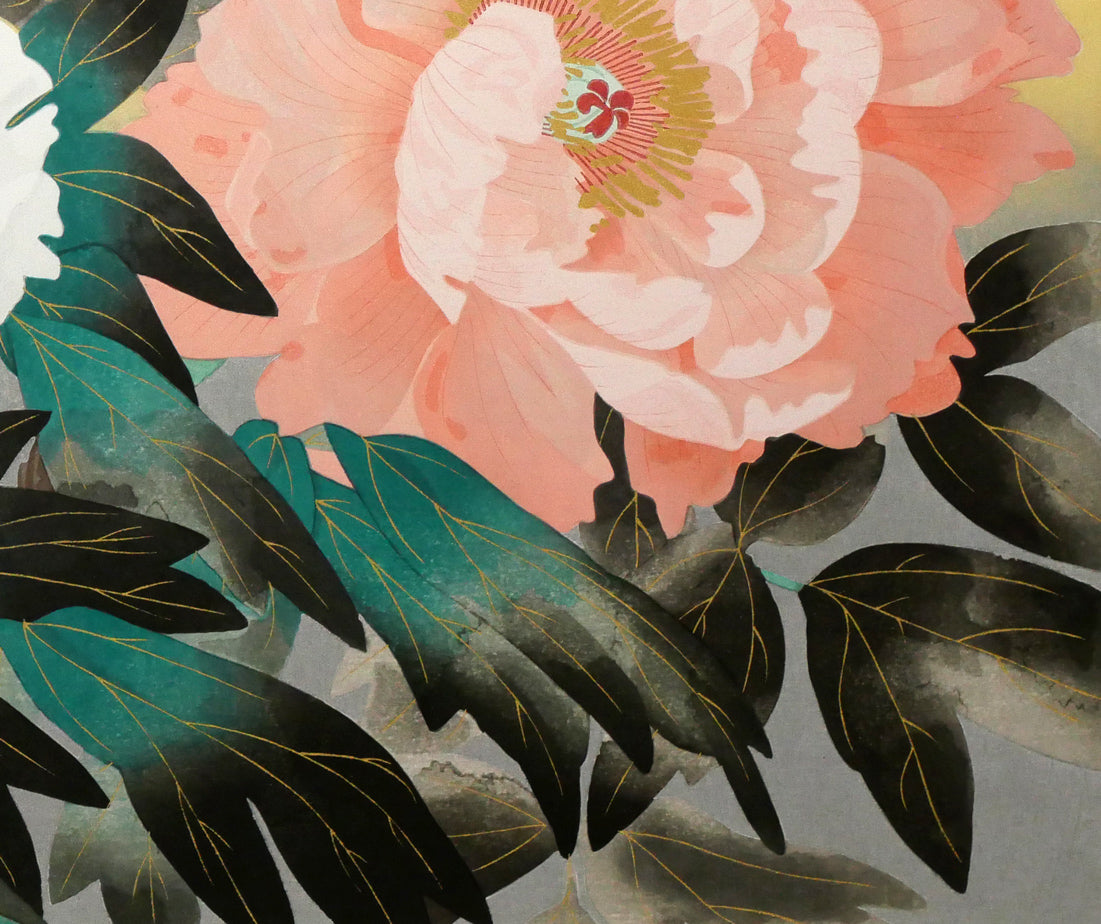 中島千波「紅白富貴花(牡丹)」木版画 拡大画像4