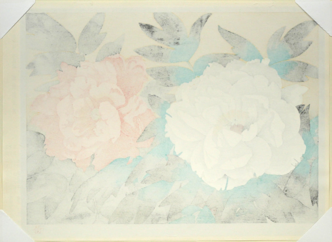 中島千波「紅白富貴花(牡丹)」木版画 作品シート裏側画像