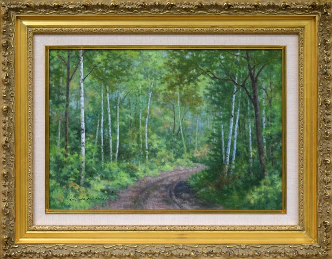 中西尭昭「白樺林(金縁)」油絵・変形8号