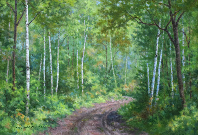 中西尭昭「白樺林(金縁)」油絵・変形8号 作品全体拡大画像