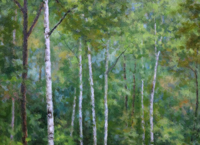 中西尭昭「白樺林(金縁)」油絵・変形8号 拡大画像1
