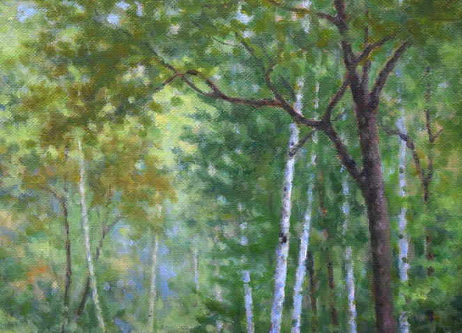 中西尭昭「白樺林(金縁)」油絵・変形8号 拡大画像2