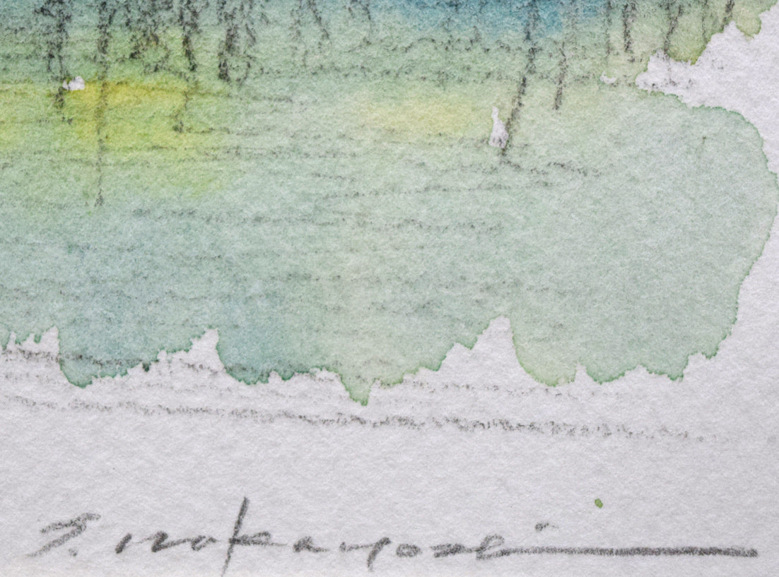 中吉功「知床の湖と山」水彩画・3号 本人直筆鉛筆サイン画像