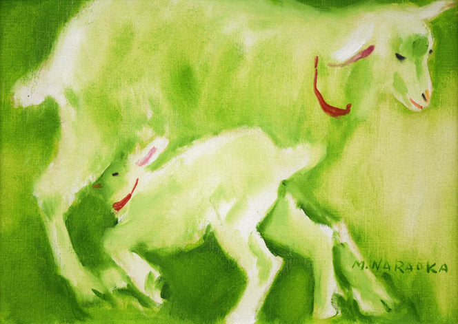 奈良岡正夫「親仔(山羊)」油絵・F4号 作品全体拡大画像