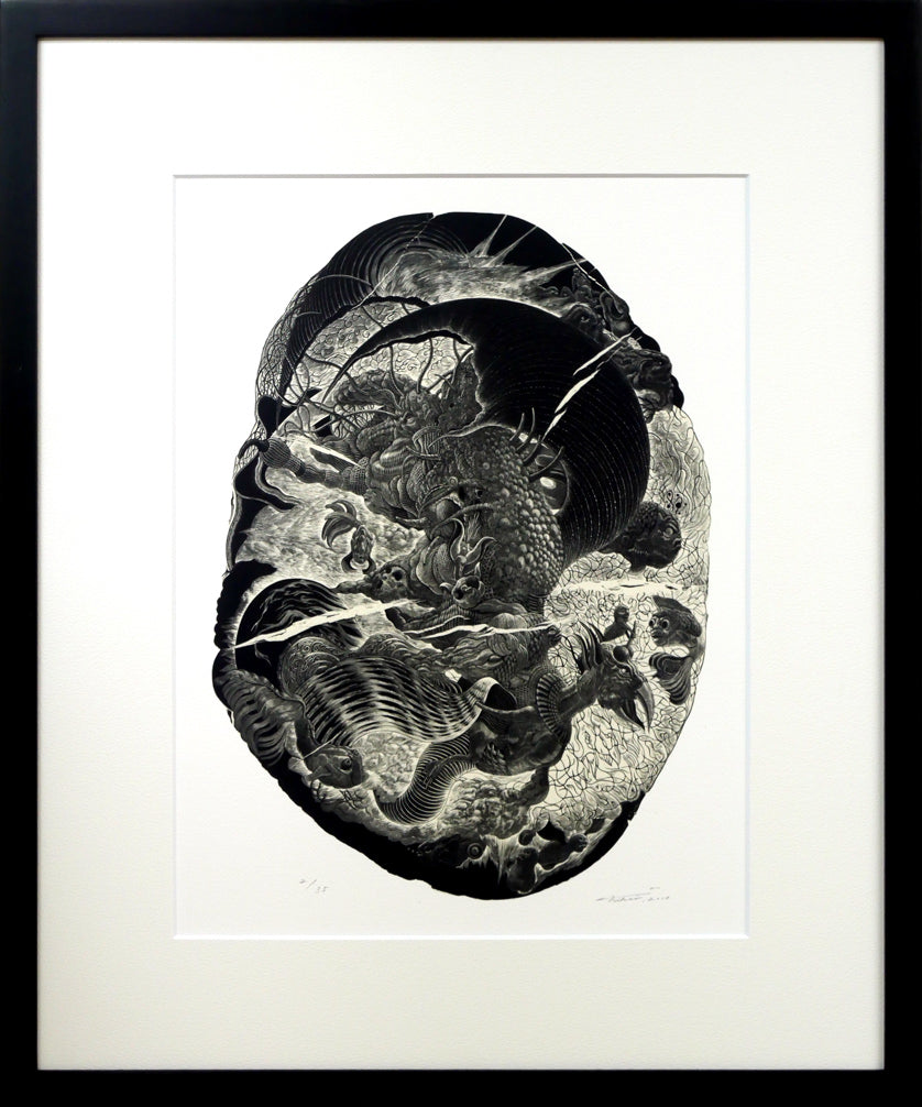 二階武宏「群飛」木口木版画