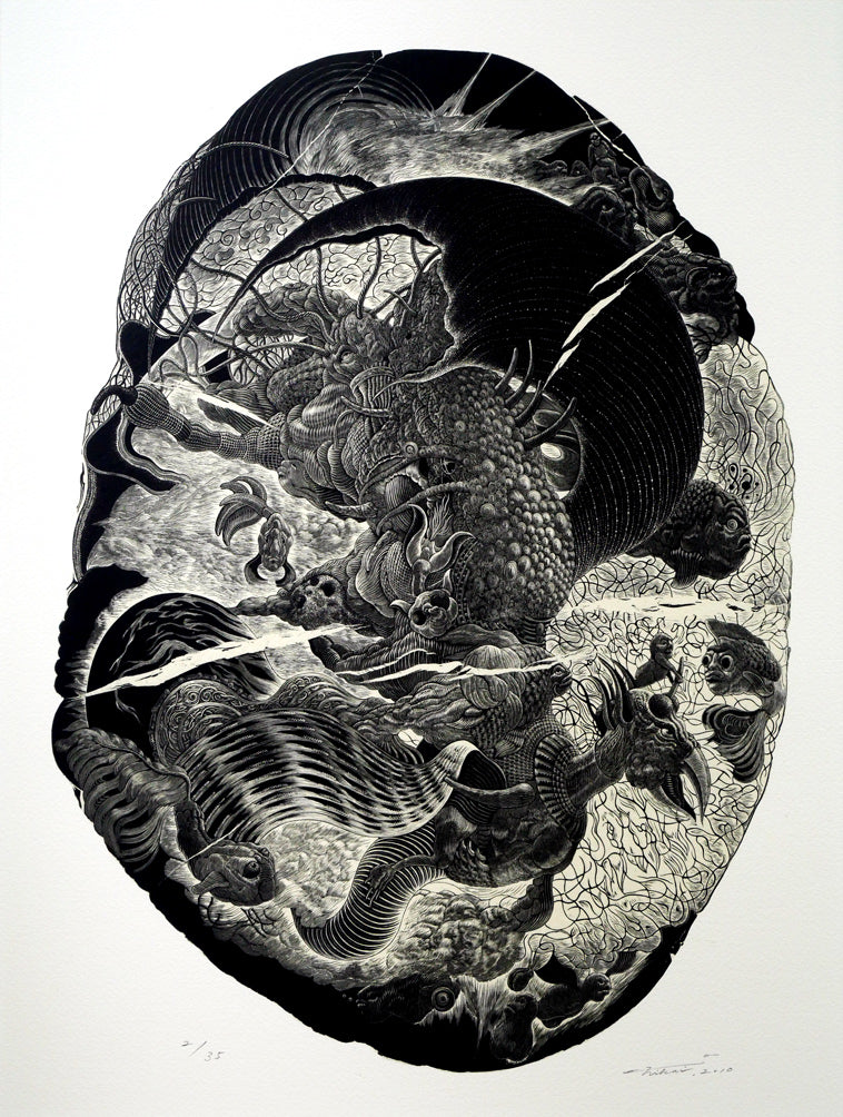 二階武宏「群飛」木口木版画 作品全体拡大画像