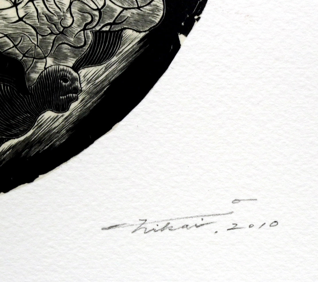 二階武宏「群飛」木口木版画 本人直筆鉛筆サイン、年記(2010年作)