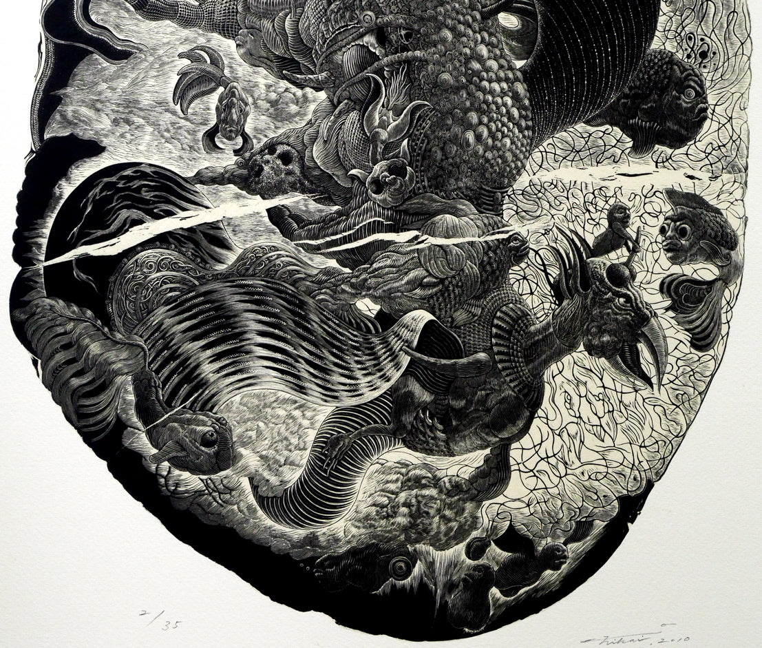 二階武宏「群飛」木口木版画 拡大画像3