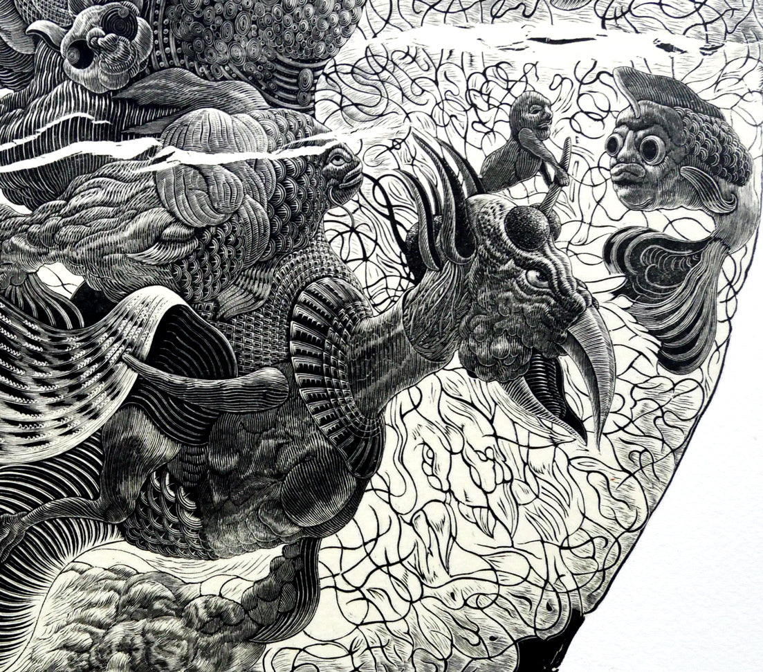 二階武宏「群飛」木口木版画 拡大画像4