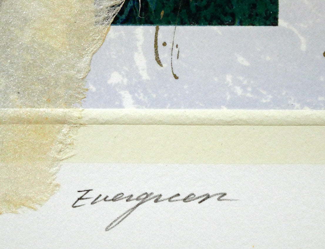 西川洋一郎「EVERGREEN」リトグラフにコラージュ タイトル部分