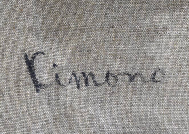 西村計雄「Kimono(パリ近代美術館買上作品下絵)」油絵・P6号並列 右側部分裏書き拡大画像1