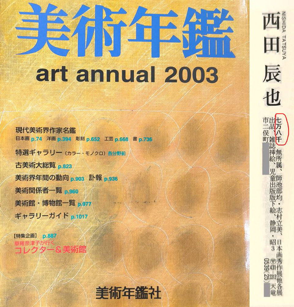 西田辰也「あかり・誰也あんどん」日本画・F8号 2003年美術年鑑掲載内容