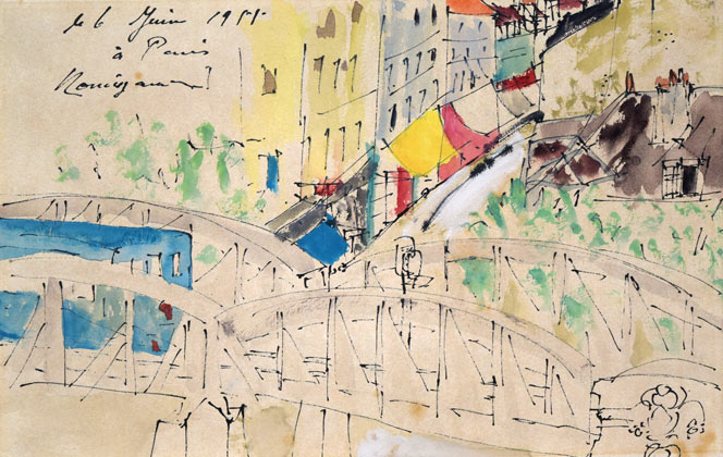 野宮武明「パリ風景」水彩画 作品全体拡大画像