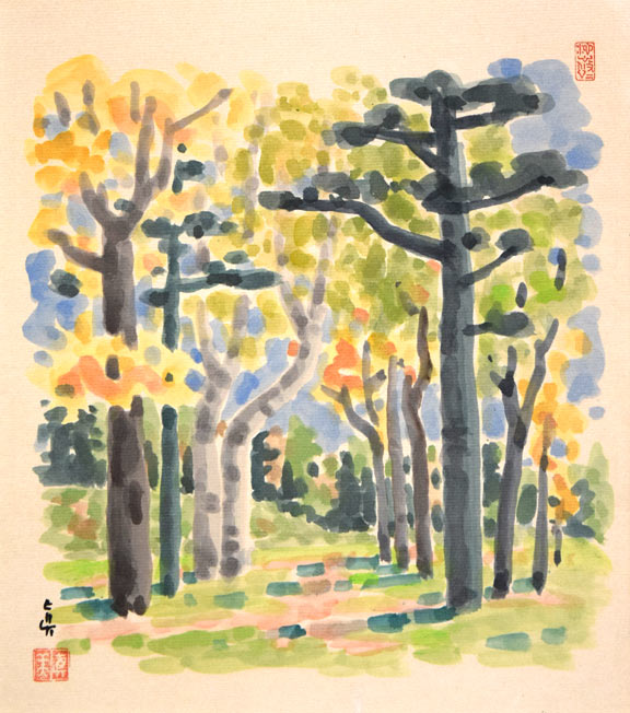 能勢真美「秋」水彩画・色紙　作品全体拡大画像