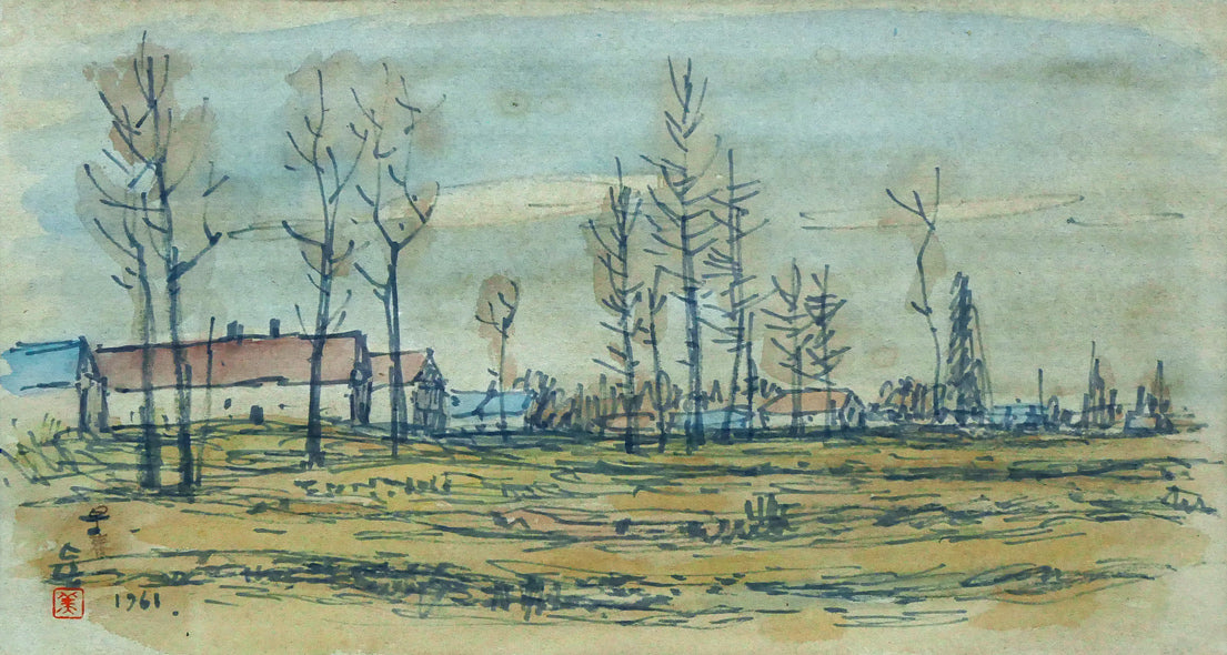 能勢真美「早春」水彩画・1961年作 作品全体拡大画像