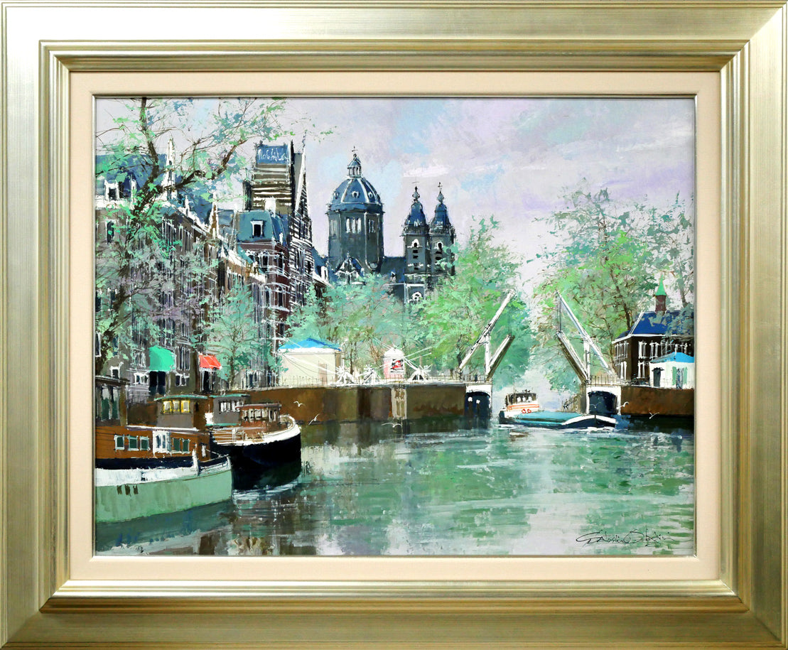 小田切訓「跳橋の開く運河(オランダ・アムステルダム)」油絵・P15号