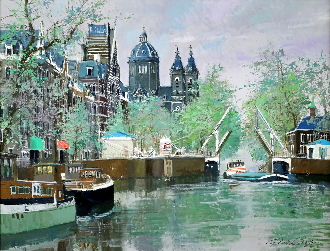 小田切訓「跳橋の開く運河(オランダ・アムステルダム)」油絵・P15号 作品全体画像