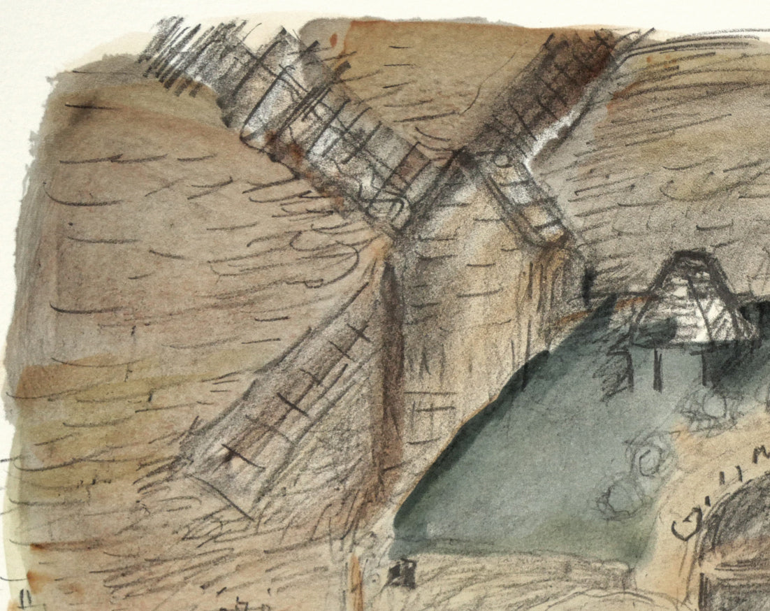 織田広喜「風車のある風景」リトグラフ 拡大画像1