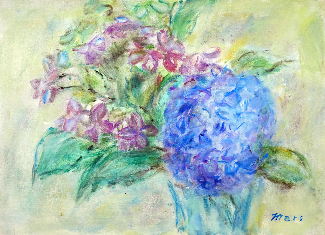 小川マリ「紫の花」油絵・F4号 作品全体画像