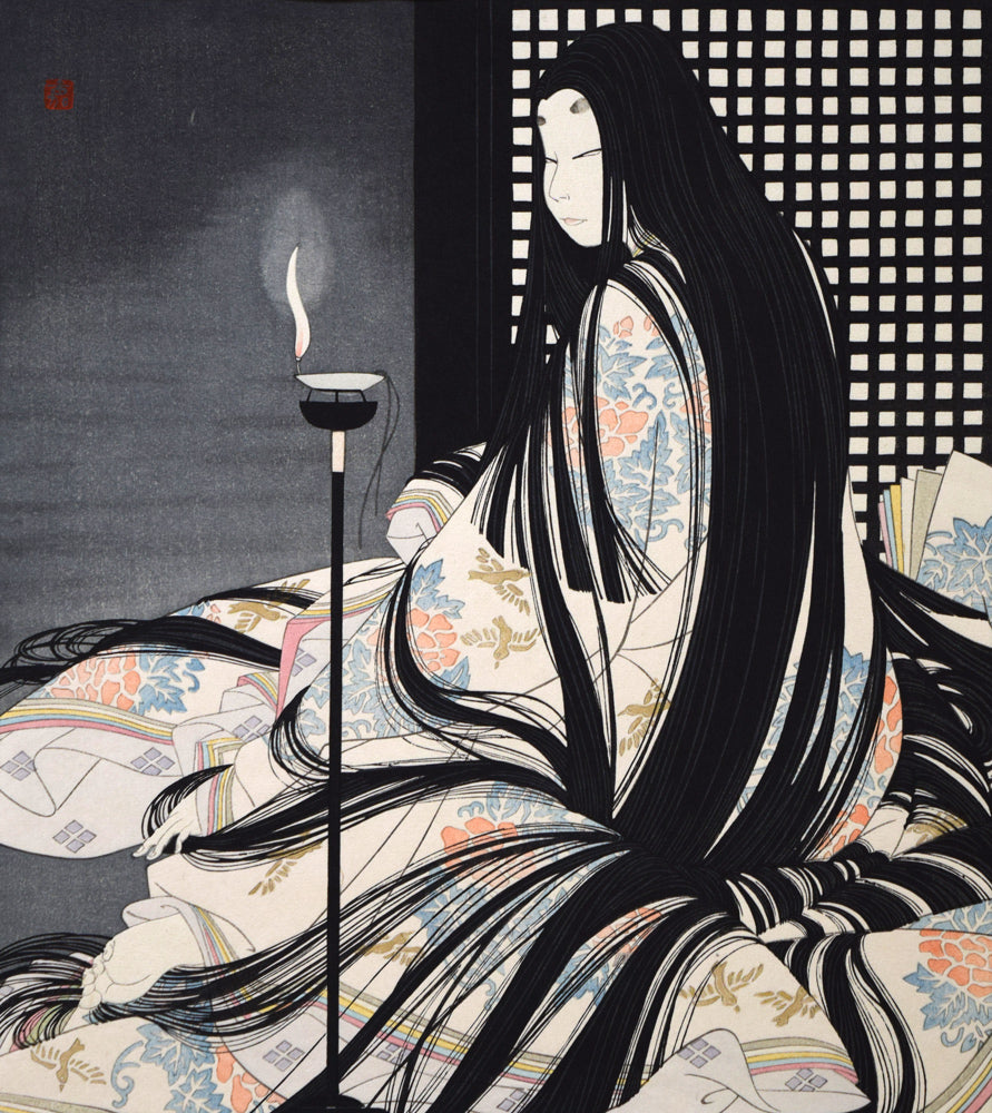 岡田嘉夫「若菜(源氏絵巻より)」木版画 作品全体拡大画像