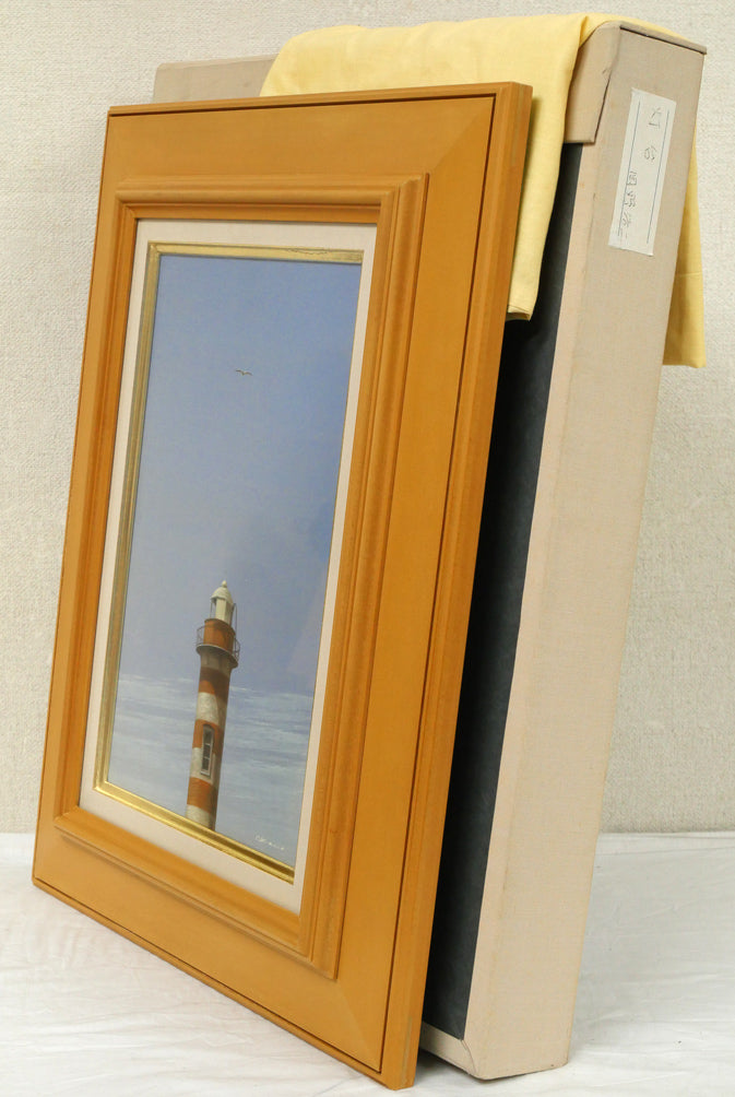 岡野浩二「石狩燈台」油絵・P4号 付属品画像(黄袋、布タトウ箱)
