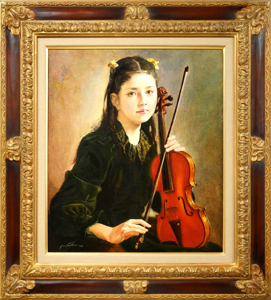 奥龍之介「バイオリンの少女」油絵・F10号
