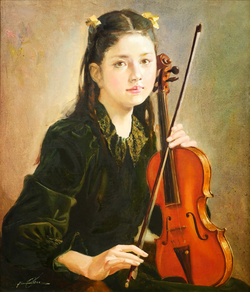 奥龍之介「バイオリンの少女」油絵・F10号 作品全体画像