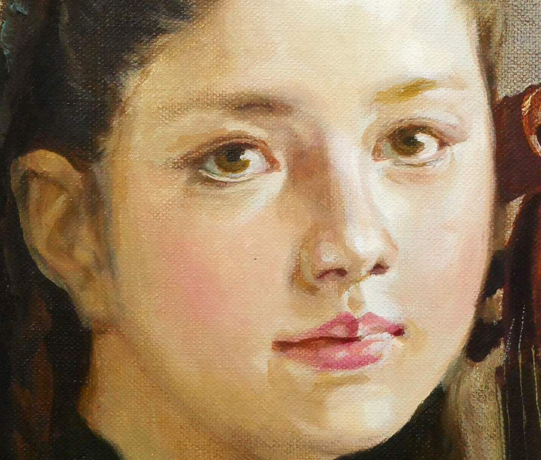 奥龍之介「バイオリンの少女」油絵・F10号 拡大画像3