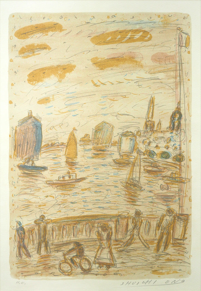小野州一「ラ・ロッシェルの港」リトグラフ 作品全体拡大画像