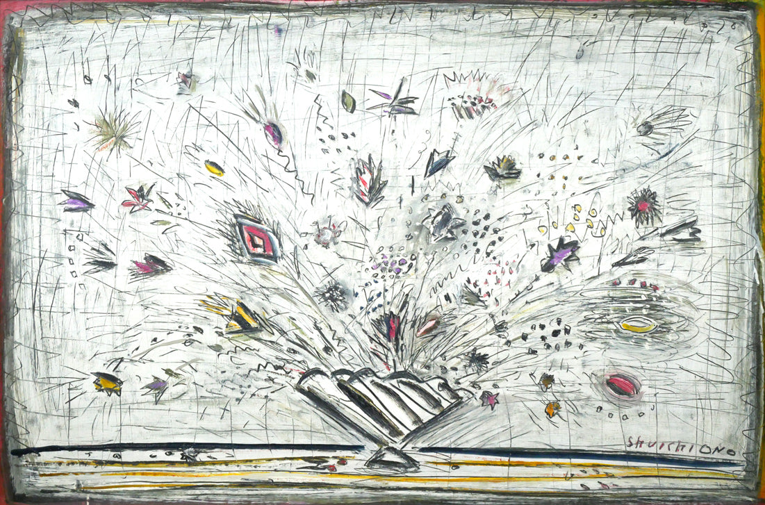 小野州一「白いバックの花」油絵・変形15号 作品全体画像