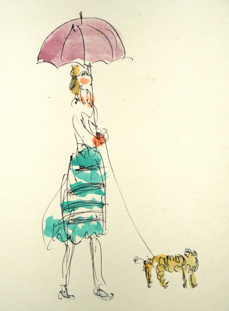 小野州一「犬と婦人」水彩画・色紙 拡大画像1